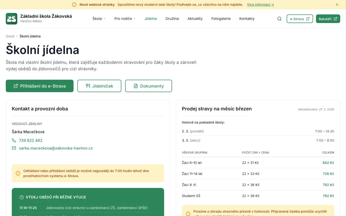 Stránka jídelníčku s automatickým importem z e-Stravy